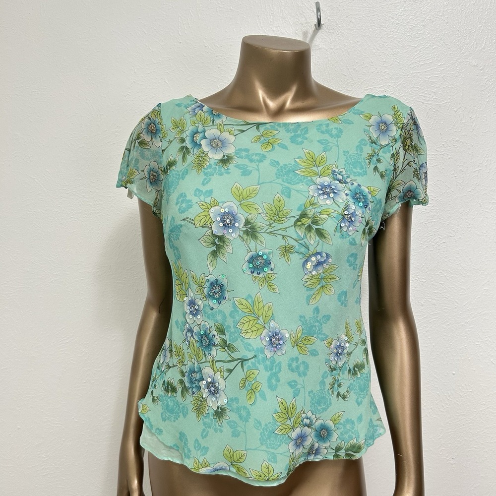 Robbie Bee VTG Silk 90s Y2K Teal Top Floral Sheer Sequin Sz 12P Fairy Whimsycore
